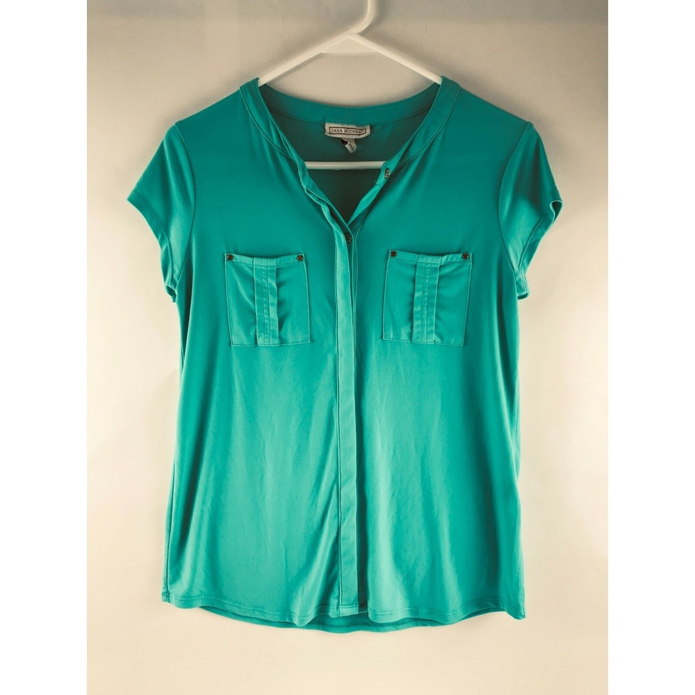 Dana Buchman Blouse Women's Size Small Teal Short Sleeve Front Pouch Pockets